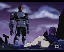 1boy 1girls ass big_ass bubble_butt cartoon_network dat_ass dc dc_comics deathstroke female frostbiteboi imminent_rape large_ass male marvel_reference purple_hair rachel_roth raven_(dc) rogue_dat_ass_(meme) slade_wilson teen_titans toonami