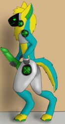 android big_penis blue_fur emerald_(protogen) erection fur green_eyes green_penis green_skin hi_res machine male male_only multicolored_fur neck_tuft no_humans penis pinup pose protogen ridged_penis robot ryan_kyojiri_(artist) simple_background soft_shading solo standing tuft yellow_fur