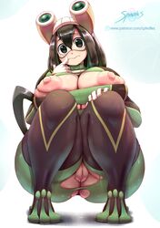 1girls ass black_eyes black_hair blush bodysuit boots clitoris clothing curvaceous erect_nipples facepaint female female_only frog_costume frog_girl gloves hand_on_knee hero_outfit_(mha) high_resolution huge_ass huge_breasts large_areolae long_hair looking_at_viewer my_hero_academia nipples nopan pussy_juice solo solo_female solo_focus spindles squatting torn_bodysuit tsuyu_asui vagina wardrobe_malfunction worried