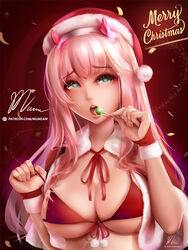 bikini blush breasts candy cape christmas christmas_present darling_in_the_franxx female food green_eyes hat horns large_breasts long_hair merry_christmas micro_bikini mumeaw open_mouth pink_hair ribbon santa_costume santa_hat shy signature simple_background solo swimsuit upper_body zero_two_(darling_in_the_franxx)