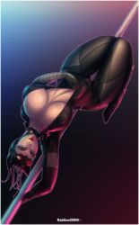 batman_(series) black_hair blue_eyes catwoman cleavage clothing dc dc_comics female female_only large_breasts pole pole_dancing raidouzero straight_hair thick_thighs unzipped unzipping upside-down wide_hips