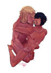 2boys absurdres anal barefoot black_hair blonde_hair blue_eyes commission crossover doggy_style erection final_fantasy final_fantasy_xiii final_fantasy_xv french_kiss gay grab hand_behind_head highres kissing lightning_returns:_final_fantasy_xiii looking_at_another magnta male male_focus male_only moaning multiple_boys muscle navel nipples noctis_lucis_caelum nude open_mouth penis saliva sex simple_background snow_villiers spread_legs sweat teeth tongue tongue_out wince yaoi