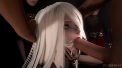 1boy 3d 3girls animated blue_eyes cum cum_on_face dnnsfw fellatio female male nier nier:_automata no_sound oral penis shorter_than_10_seconds source_filmmaker video white_hair yorha_a2