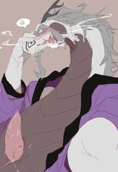 animal_genitalia anthro beard blush clothed clothing cum dragon eastern_dragon erection facial_hair fafnir_(little_witch_academia) front_view genital_slit grey_hair hair horn little_witch_academia looking_at_viewer male male_only mikanyeye open_mouth open_robe partially_clothed precum presenting robe slit solo white_skin