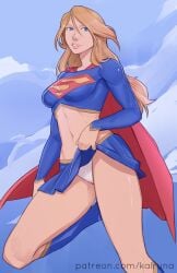 blonde_hair cape dc_comics kalruna midriff miniskirt panties pantyshot skirt_lift supergirl underwear white_panties