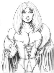 black_and_white breasts corset emma_frost hellfire_club jim_gillespie large_breasts marvel marvel_comics overflowing_breasts traditional_art traditional_media_(artwork) white_queen x-men