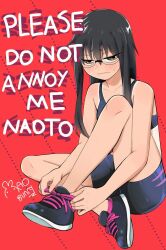 1boy 1girls alternate_universe ass ass_up big_ass black_hair blush breasts clothed clothing embarrassed english_text glasses gym_clothes gym_shorts gym_uniform hayase_nagatoro long_hair manga_cover mao_diosa nerdy nerdy_female please_don't_bully_me,_nagatoro pose revealing_clothes sitting small_breasts tan tan_skin tanned tanned-skinned_female tanned_girl tanned_skin text