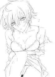 blush bra canon_genderswap cleavage female female_only genderswap_(mtf) ginko_sakata gintama gintoki_sakata looking_at_viewer medium_breasts monochrome rough_sketch rule_63 sehpcnshnya short_hair sketch solo