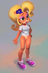 anthro bandicoot blonde_hair bottomless clothed clothing coco_bandicoot crash_(series) eyeshadow female flo_(artist) flower flower_in_hair footwear green_eyes gumdrops_(artist) hair hi_res long_hair makeup mammal marsupial open_mouth plant pussy raised_eyebrow shirt shoes simple_background solo standing video_games