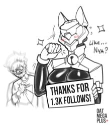 android android_girl blushing blushing_female cat_girl cyborg cyborg_girl erika_summers_(oatmegaplus) female follower_celebration holding_object human male male/female milestone_celebration oatmegaplus original original_art original_artwork robot robot_girl robot_humanoid