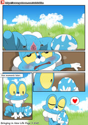 2019 absurd_res blush closed_eyes cloud comic egg end_page female froakie grass heart hi_res nintendo page_9 pokémon_(species) pokemon pussy pussy_juice simple_background sky solo sweat vaginal_penetration video_games winick-lim