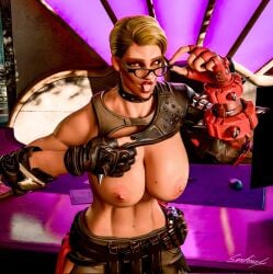 1girls 3d big_breasts blonde_hair breasts female glasses junker_queen muscular muscular_female nipples overwatch red_eyes sentinel1_4 short_hair