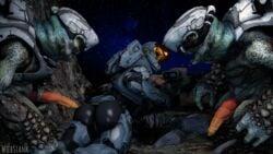 1girls 2boys 3d alien armor artist_name ass butt erection female female_spartan_(halo) halo_(series) looking_back lying_on_stomach male male_unggoy night orange_penis outdoors outside penis sky sniper sniper_rifle spartan_(halo) star uncensored unggoy weapon weebstank xenophilia