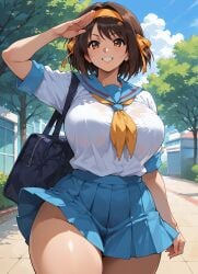 1girls ai_generated big_breasts big_thighs breasts brown_eyes brown_hair clothed clothed_female clothing eyebrows eyelashes female female_only front_view outdoor outdoors outside salute school_uniform solo solo_female standing suzumiya_haruhi suzumiya_haruhi_no_yuuutsu