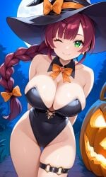 1girls aged_up ai_generated alternate_body_type alternate_breast_size big_breasts breasts chloe_(pokemon) cleavage collarbone female female_focus female_only game_freak green_eyes halloween halloween_costume huge_breasts human large_breasts light-skinned_female light_skin nintendo pokemon pokemon_journeys purple_hair revealing_clothes ryuzam sideboob skimpy skimpy_clothes smile solo upper_body witch witch_costume witch_hat