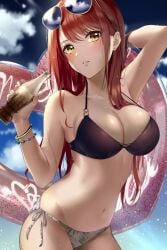 beach big_breasts blush d4dj innertube jewelry official_art seto_rika soda sunglasses swimsuit text wet yache