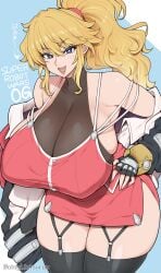 1girls 2d 2d_(artwork) bare_shoulders belt big_ass big_breasts big_butt blonde_female blonde_hair blonde_hair_female blue_eyes breasts cleavage clothed clothed_female clothing color colored excellen_browning fingerless_gloves full_color garter_straps gloves hair hips huge_breasts huge_butt jacket large_ass large_breasts large_butt light-skinned_female light_skin long_hair looking_at_viewer massive_breasts nails otogi_tetsurou pants ponytail see-through smile smiling smiling_at_viewer stomach super_robot_wars thong video_game video_game_character video_games voluptuous voluptuous_female