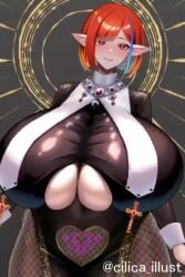 1girls artist_request cleavage cleavage_dress huge_breasts massive_breasts nun orange_hair pointy_ears tagme video virtual_youtuber voluptuous womb_tattoo