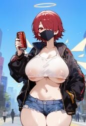 ai_generated areola_slip arknights crop_top exusiai_(arknights) large_breasts nipples_visible_through_clothing short_shorts underboob