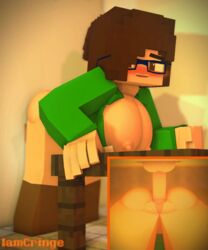 1boy 1girls 3d animated brown_eyes brown_hair erect_nipples erect_penis female gif glasses glory_hole glory_wall half-dressed human humanoid_penis iamcringe irene_cream_(iamcringe) large_breasts looking_back minecraft no_bra no_panties open_mouth ponytail sex smile tagme vaginal_penetration wet_pussy