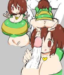 1boy 1girls anthro asgore_dreemurr ass big_breasts breasts brown_hair chara edit edited female female_human green_shirt heart-shaped_pupils human hypnotized_personality_change hypnotized_presentation male male_anthro penis penis_grab petronoise petronoise_(edit) red_eyes straight toby_fox undertale white_skin