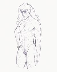 black_and_white cuntboy cuntboy_only hand_on_hip intersex jojo's_bizarre_adventure long_hair long_hair_male male male_only mastectomy_scar messy_hair muscular muscular_male nineinchclawz robert_edward_o_speedwagon scar_on_face scars scars_all_over sketch solo_male standing thick_eyebrows wink winking_at_viewer