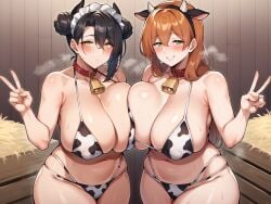 agent_(girls'_frontline) ai_generated asymmetrical_hair black_hair black_horn brown_hair collar covered_nipples cow_bikini cow_horns cowbell double_bun girls'_frontline green_eyes hair_between_eyes headdress huge_breasts huge_breasts kao140522 low_ponytail maid_headdress red_belt red_collar springfield_(girls'_frontline) steaming_body sweat v_sign yellow_eyes