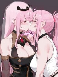 2024 2d 2d_(artwork) 2girls bluefield clothed clothing duo female female_only high_resolution highres hololive hololive_english hololive_myth intimate kissing lesbian_kiss light-skinned_female light_skin mori_calliope onomatopoeia pink_hair selfcest smooch virtual_youtuber vtuber vtuberfanart yuri