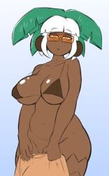 1girls big_breasts bikini bikini_top breasts brown_body character_request cleavage closed_mouth coconut digital_drawing_(artwork) digital_media_(artwork) eyebrows eyelashes fanart female female_focus female_only glasses half-closed_eyes half-dressed half_naked hips holding_towel humanoid leaf_hair looking_at_viewer nipple nipples_visible_through_clothing original original_character palm_tree pinup plant pose posing quin-nsfw shaded shiny_skin short_hair sketch slightly_chubby slightly_chubby_female solo solo_female solo_focus standing thick_thighs thighs waist white_hair