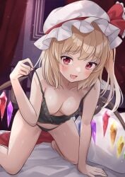 1girls bed blush bra cleavage female flandre_scarlet indoors kneeling panties ramie_(ramie541) small_breasts solo touhou undressing