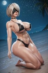 ai ai_generated beach big_ass big_breasts female night radnsad solo solo_female solo_focus swimsuit white_body white_hair yorha_2b