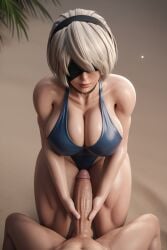 1boy ai ai_generated beach big_ass big_breasts big_penis female imminent_fellatio imminent_oral radnsad swimsuit white_hair yorha_2b