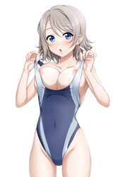 1girls areola_slip areolae blue_eyes blue_swimsuit blush breasts bursting_breasts cleavage female gray_hair high_leg_swimsuit large_breasts looking_at_viewer love_live! love_live!_sunshine!! miel_(lessontome) navel nipple_slip nipples one-piece_swimsuit open_mouth shiny_skin short_hair simple_background solo standing swimsuit_pull thighs undressing watanabe_you white_background