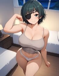 ai_generated altnerd artist_name bed bedroom big_breasts black_hair chainsaw_man crop_top eyepatch from_above hi_res himeno_(chainsaw_man) hourglass_figure navel night panties patreon_url short_hair spaghetti_strap thick_thighs white_panties wide_hips window