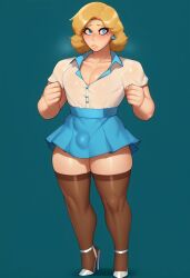 1boy ai_generated athletic blonde_hair blue_dress blue_eyes broad_shoulders bulge civitai color crossdressing earrings eyelashes femboy feminine_male girly high_heels housewife jimojo male male_chest male_cleavage male_only mascara miniskirt muscular_arms muscular_femboy pectoral_cleavage pectorals pony_diffusion_xl short_dress short_hair short_skirt solo solo_male stockings thick_thighs thighhighs thighs