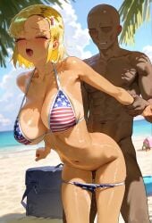 1boy 1girls ai_generated american_flag_bikini angol_mois athletic_female bare_legs beach big_breasts bikini blonde_hair blush closed_eyes dark-skinned_male dark_skin doram huge_breasts huge_thighs interracial keroro_gunsou massive_breasts muscular_male nude nude_male open_mouth orgasm_face sex short_hair squatting standing_sex sweat sweatdrop tan-skinned_female tan_body tanned_female tanned_skin thick_thighs thighs vaginal_penetration voluptuous voluptuous_female yellow_eyes