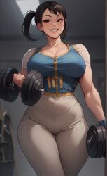 ai_generated ass black_hair bodysuit curvy dat_ass eteeming fallout fallout_(series) fallout_(tv_series) female_only jumpsuit lucy_maclean ponytail smile thick_thighs vault_girl vault_suit weightlifting