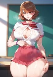 ai_generated classroom cleavage cleavage_window miyuai persona_3 school_uniform short_hair tight_clothing unbuttoned_shirt yukari_takeba