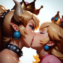 2girls ai_generated aintthatnice blonde_hair_female bowsette closed_eyes crown earrings girl_on_girl girls_only horns jewelry kissing mario_(series) nintendo pointy_ears ponytail princess_peach spiked_collar super_mario_bros. yuri