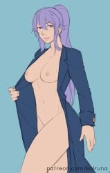 breasts kalruna medium_breasts naked_coat nude nude_female open_coat original ponytail purple_hair