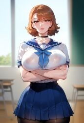 ai_generated big_breasts classroom miyuai nipples_visible_through_clothing persona_3 school_uniform short_hair stockings yukari_takeba