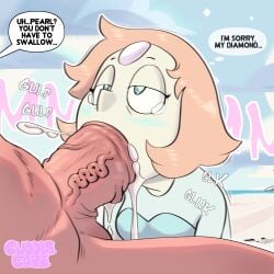 1boy 1girls artist_name balls big_penis blue_eyes cuddlecore cum cum_in_mouth female gem_(species) human orange_hair pearl_(steven_universe) steven_universe swallowing swallowing_cum tanned_skin tears veiny_penis