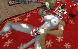 amani_the_shaman black_lips breasts candy_cane candy_cane_in_mouth candy_cane_in_pussy christmas fangs horny horny_female lioness mistletoe naked naked_female naughty nipples pearly_whites pubes pubic_hair pussy saberteeth sabertooth second_life teeth vagina white_teeth