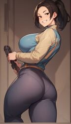 ai_generated ass black_hair bodysuit curvy dat_ass eteeming fallout fallout_(series) fallout_(tv_series) female_only holding_object jumpsuit lucy_maclean ponytail smile thick_thighs vault_girl vault_suit