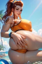 2d ai_generated athletic_female brigitte huge_breasts laying_on_side looking_at_viewer muscular overwatch overwatch_2 presenting_pussy seductive_smile smile spread_ass thick_thighs