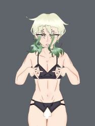 1boy crossdressing dr.stone femboy green_hair ishigami_senku kura1 lingerie lingerie_only nipples ponytail red_eyes self_upload simple_background