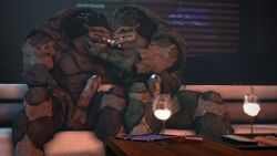 3d 3d_(artwork) alien balls big_penis cum cum_in_mouth cum_inside drinking drinking_cum duo duo_focus eradossfm food group kissing krogan making_out male mass_effect multi_balls multi_genitalia nude penis romantic romantic_couple snowballing sofa sushi tablet video_games wine_glass yaoi