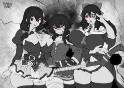 3girls absurd_res artist_signature artist_website arue_(konosuba) big_breasts black_hair black_thighhighs braided_hair breast_size_difference drill_hair eyepatch female female_only flat_chest greyscale huge_breasts kono_subarashii_sekai_ni_shukufuku_wo! long_hair looking_at_viewer megumin pout red_eyes smiling smiling_at_viewer thegoldensmurf thick_thighs thighhighs twintails yunyun_(konosuba)