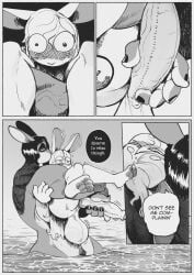 absurd_res anthro balls big_balls big_breasts big_penis breasts comic dialogue duo freckles genitals gynomorph hair handjob hi_res huge_balls huge_breasts intersex intersex/male lagomorph leporid male mammal monochrome muscular muscular_intersex peculiart penile penis rabbit ruth_(peculiart) sex size_difference stig_(peculiart) water wet