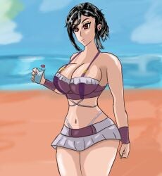 black_hair huge_breasts isquashyou red_eyes smile swimsuit swimwear thick_thighs tifa_lockhart